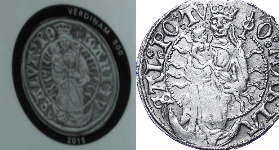 Skice: sudraba kolekcijas 5 euro monēta veltīta vērdiņa 500 gadu jubilejai.